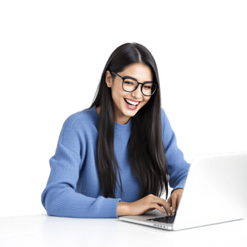 A woman in glasses is smiling while using a laptop png