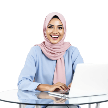 A woman in a hijab is sitting at a table with a laptop png