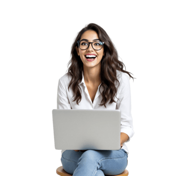 A woman with glasses and a laptop is laughing png