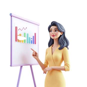 A woman in a yellow dress is pointing at a chart on a whiteboard png