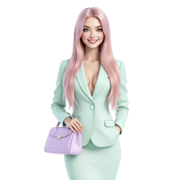 A woman in a green suit and pink hair holding a purple bag png