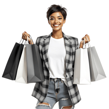A woman in jeans and a plaid jacket holding shopping bags png