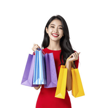 Asian woman in red dress holding shopping bags png
