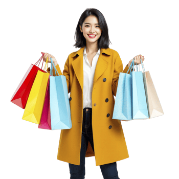 Happy asian woman holding shopping bags png