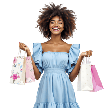 A beautiful young woman in a blue dress holding shopping bags png