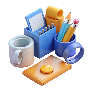 serene rustic Office supplies with various items, professional png