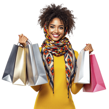 A woman in a yellow dress holding shopping bags png