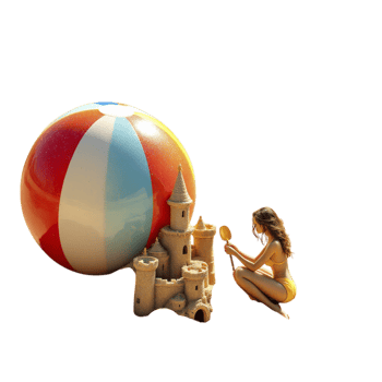 A girl sitting on a beach ball next to a castle png