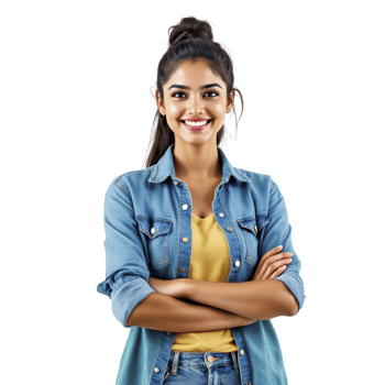 A young woman in a denim shirt and jeans png
