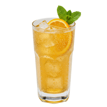 Refreshing beverage with ice orange slice and mint garnish in a tall glass on a plain setting transparent background png