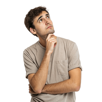A young man with brown hair is thoughtfully looking upward while holding his chin with his hand png