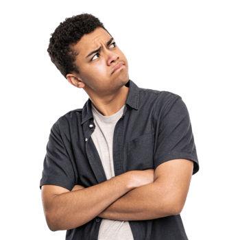 A young man with curly hair is looking upward with a skeptical expression while standing with his arms crossed png
