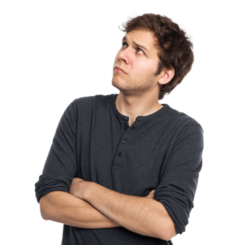 Young man with brown hair looking up thoughtfully with arms crossed png