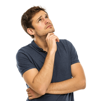 A young man with brown hair is deep in thought, hand to chin, looking upward in pensive contemplation png