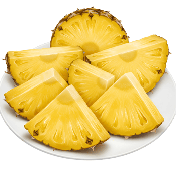 A pineapple cut into wedges and a half circle placed on a white plate for a healthy and tasty snack transparent background png