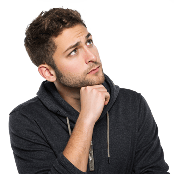 A young man with curly brown hair is thoughtfully looking upward while wearing a dark gray zipup hoodie png