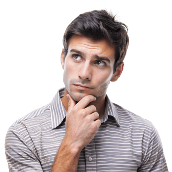 Thoughtful young man with hand on chin looking upward pensive expression casual striped shirt png