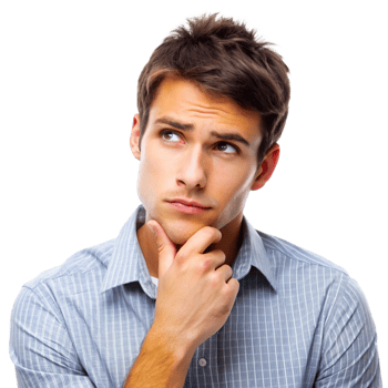Portrait of a young man deep in thought, hand on chin, looking upward png