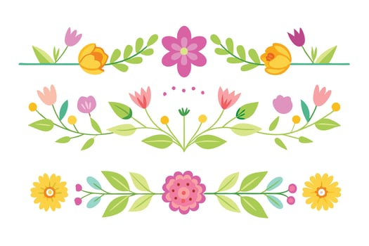 Cute Floral Dividers with Leafs, Pink Flowers and Yellow Flowers on White Background vector