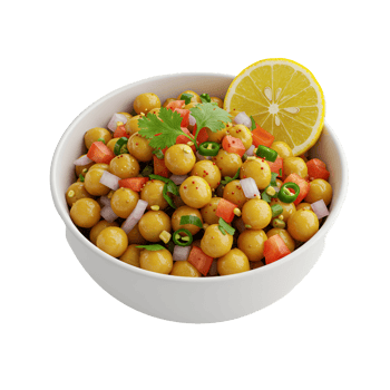 A bowl of chana masala with lemon slice and chopped vegetables on a plain color isolation transparent background png
