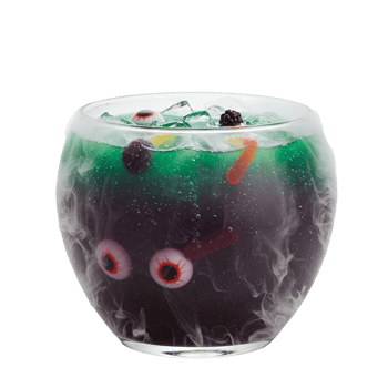 Festive halloween punch in a glass bowl with ice and gummy worms and eyeballs on a plain setting transparent background png