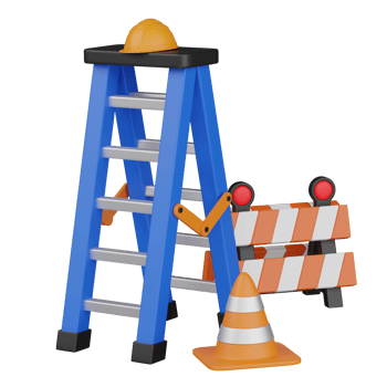 3d render construction area with ladders, traffic cone and barrier illustration png