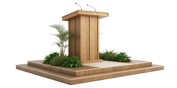 Elegant Wooden Podium with Two Microphones and Lush Greenery on a MultiTiered Platform png