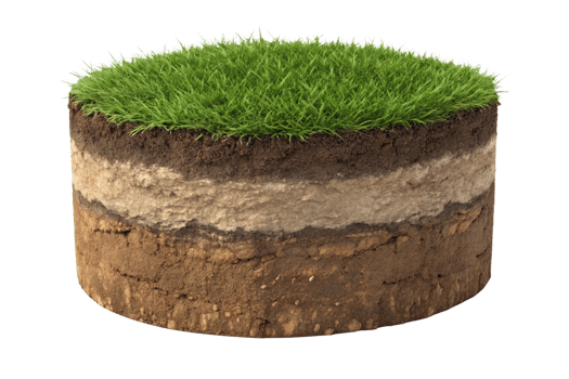 Cross Section of Soil Layers Showing Topsoil Organic Matter Subsoil and Bedrock with Lush Green Grass png