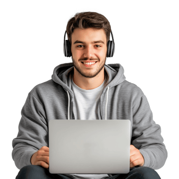 Successful Young Caucasian Freelancer Working on Laptop. Watching Webinar, Remote Elearning or Ecommerce, Isolated on transparent png
