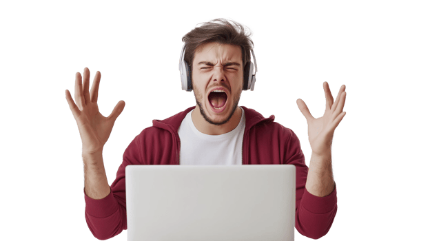 upset Young Caucasian Freelancer Working on Laptop. Watching Webinar, Remote Elearning or Ecommerce, Isolated on transparent png