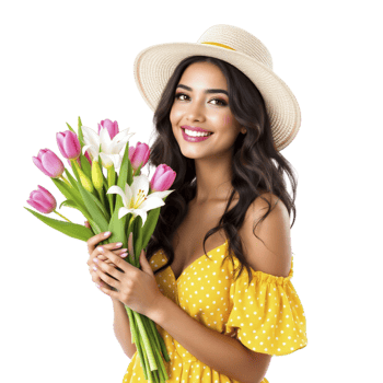 A woman in a yellow dress holding a bouquet of flowers png