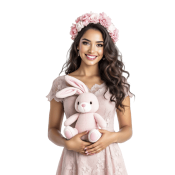 A beautiful young woman in a pink dress holding a stuffed rabbit png