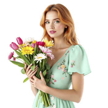 Beautiful woman holding flowers png