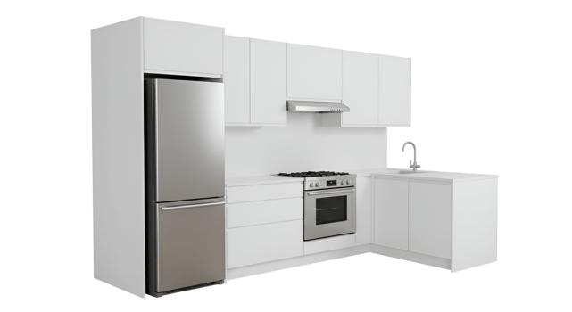 White kitchen layout with silver refrigerator png