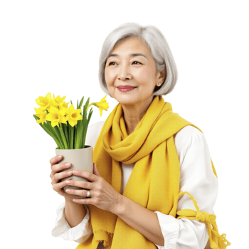An older woman holding a yellow flower png