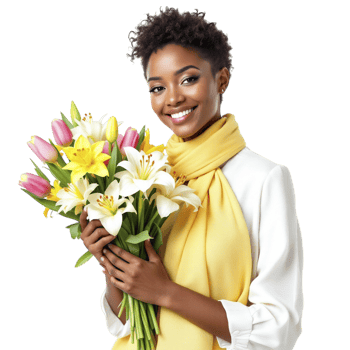 A beautiful black woman holding a bouquet of flowers png