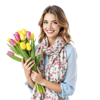 A beautiful young woman holding a bouquet of tulips png
