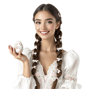 Beautiful young woman in white dress holding an egg png