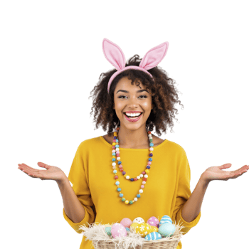 A woman in bunny ears holding a basket with colorful eggs png