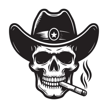 Skull Cowboy Silhouette Wearing Hat Smoking Cigar Graphic Design vector