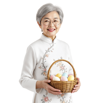 An asian woman holding a basket of easter eggs png
