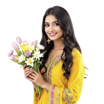 A beautiful woman in yellow dress holding flowers png