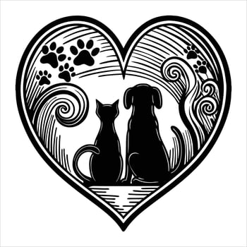 A dog and cat in a heart shape with paw prints vector
