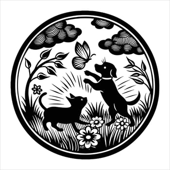 A black and white illustration of a dog and cat playing in the grass vector
