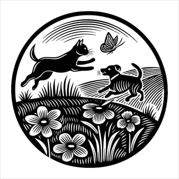 A black and white illustration of a cat and dog running through flowers vector