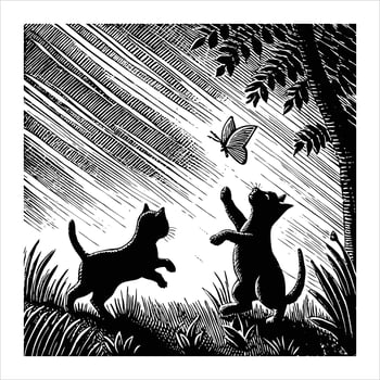 Two cats playing in the rain with a butterfly vector