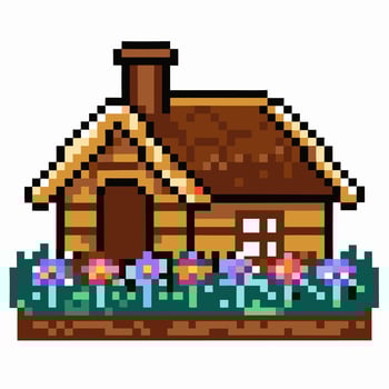 Pixel Art Cabin with Colorful Garden in Retro Style Illustration vector