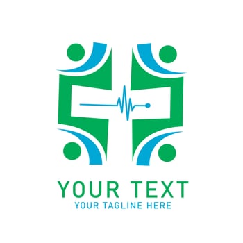 Medical People Heartbeat Logo Art, Green Human, Blue Plus and Pulse Design, Isolated on White vector