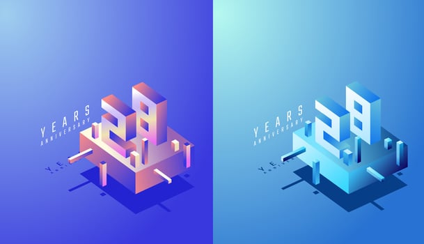 3D Isometric Anniversary Design 28th, 28th Years Anniversary in Colourful Gradient. Tech, Futuristic and Modern concept. vector
