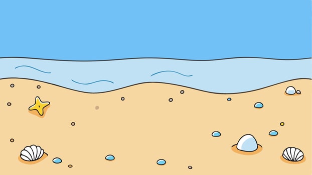 Simple Cartoon Style Beach Scene with Waves, Sand, Sunny Tropical Vibes vector